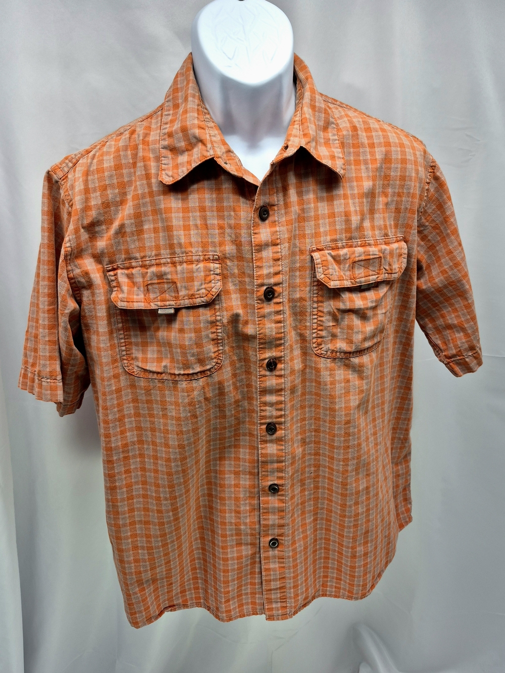 Wrangler Men's Premium Quality Orange Plaid Short Sleeve Work Shirt - Size Large